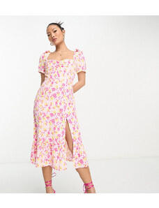Vestido de tarde midi en tonos luminosos con estampado floral y mangas abullonadas de Collective The Label Petite-Rosa