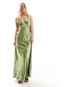 Vestido de dama de honor largo verde musgo con lazo en la espalda de satén de Six Stories