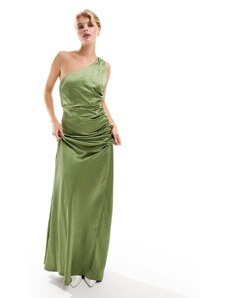 Vestido de dama de honor largo verde musgo asimétrico de satén de Six Stories