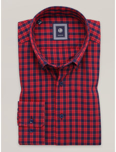 Willsoor Camisa slim-fit para hombre con estampado de cuadros rojos y azul oscuro 16248