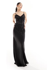 Vestido de dama de honor largo negro de satén con detalle de encaje de Six Stories (parte de un conjunto)