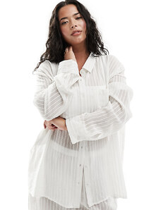 Camisa playera blanca a rayas extragrande de manga larga de Esmée Curve (parte de un conjunto)-Blanco