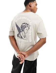 Camiseta beis extragrande con estampado de ángel en la espalda de ADPT-Beis neutro