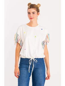 Camiseta blanca margaritas bordadas y raya multicolor LolitasyL