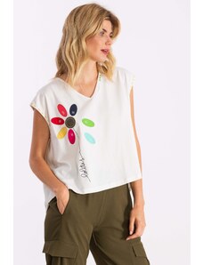 Camiseta blanca bordado flor multicolor si no LolitasyL