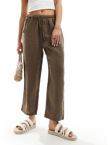 Pantalones marrones con lazada en la cintura de lino de Mango-Brown