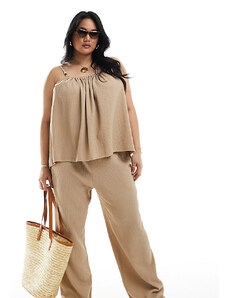 Pantalones marrón claro de pernera ancha de tejido texturizado con detalle de cuentas exclusivos de 4th & Reckless Plus-Brown