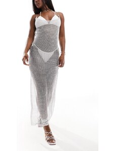 Simmi Clothing Vestido playero largo plateado con espalda escotada de croché metalizado de SIMMI