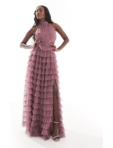 Vestido de dama de honor largo rosa con espalda abierta, cuello alto y falda de volantes de Beauut