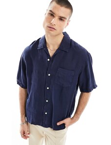Camisa azul marino holgada de manga corta con cuello de solapas y acabado tintado de lino de GANT