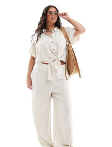 Pieces Plus Pantalones color crema de pernera ancha de lino de PIECES Curve (parte de un conjunto)-Blanco