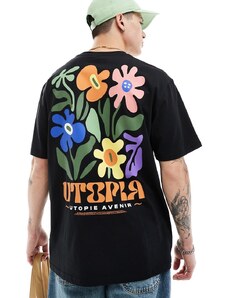 Camiseta negra extragrande con estampado "Utopia" en la espalda de ONLY & SONS-Negro