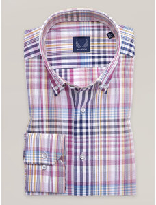 Willsoor Camisa slim fit para hombre con estampado de cuadros rosas y azules 16817
