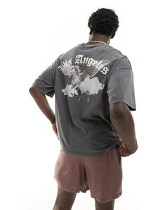 Camiseta gris lavado extragrande con estampado de caballo en la espalda de ADPT