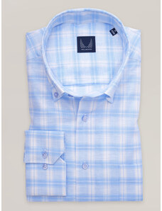 Willsoor Camisa de hombre de cuadros azul claro y de corte clásico con un alto porcentaje de lino 16840
