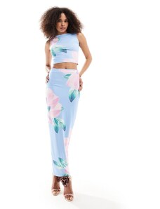 Falda larga azul de corte recto con estampado de peonía exclusiva de Murci (parte de un conjunto)-Multicolor