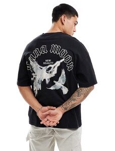Camiseta negra extragrande con estampado de pájaros en la espalda de ADPT-Negro
