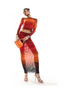 Conjunto rojo degradado de top de manga larga y falda midi de malla Cleo de Farai London-Multicolor