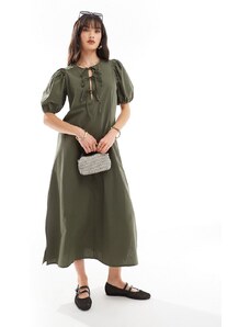 Vestido largo color oliva con mangas abullonadas y lazo de ONLY-Verde