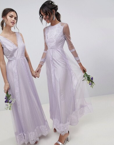 Vestido largo de manga larga en mezcla de malla de lunares y encaje de ASOS DESIGN-Violeta Vestido largo de manga larga en mezcla de malla de lunares y encaje de ASOS DESIGN-Violeta