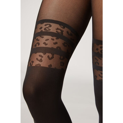 Calzedonia Pantis Efecto Longuette con Motivo Animalier Mujer Negro Tamaño  3/4 