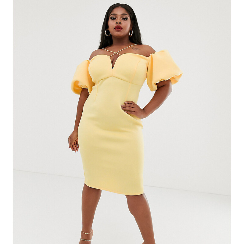 ASOS Curve Vestido midi de tirantes con escote Bardot y manga