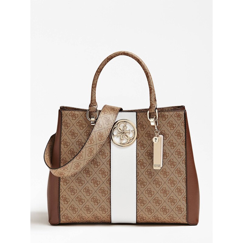 Bolso Guess mano raya blanca grande estampado logo marron GLAMI.es