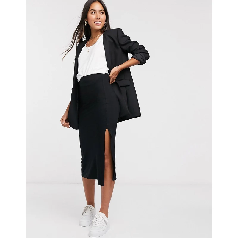 Falda midi negra estilo combinación de punto bies con detalle de abertura de ASOS DESIGN-Negro - GLAMI.es