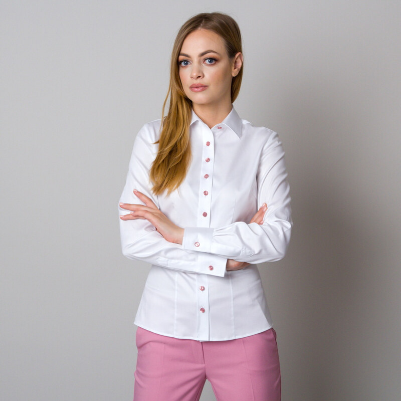 Willsoor Camisa para mujer color blanco con botones rosa 12910