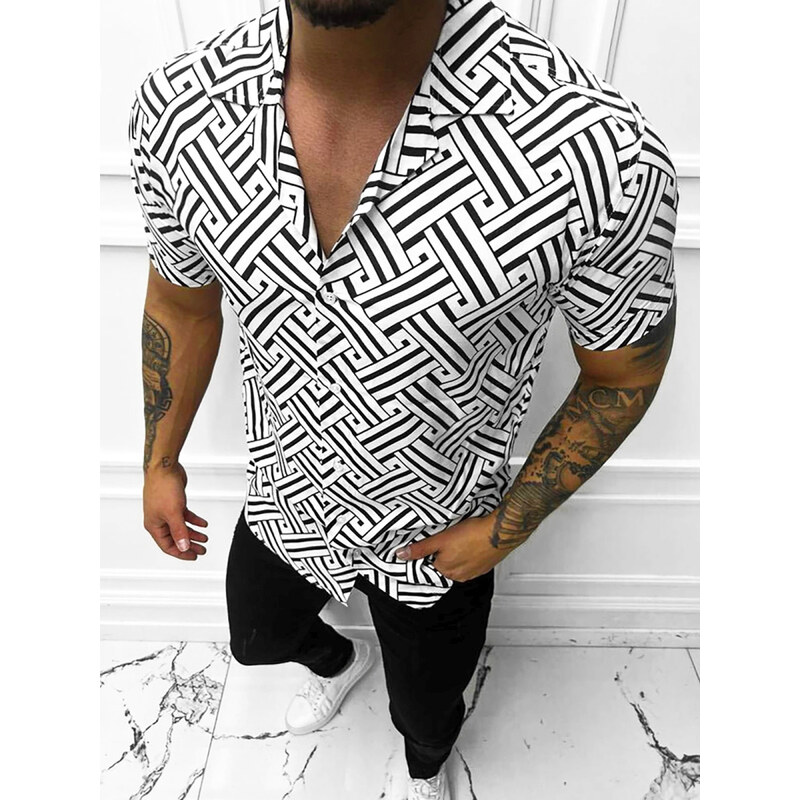 Camisa de hombre con manga corta blanco-negro OZONEE E/1400/225