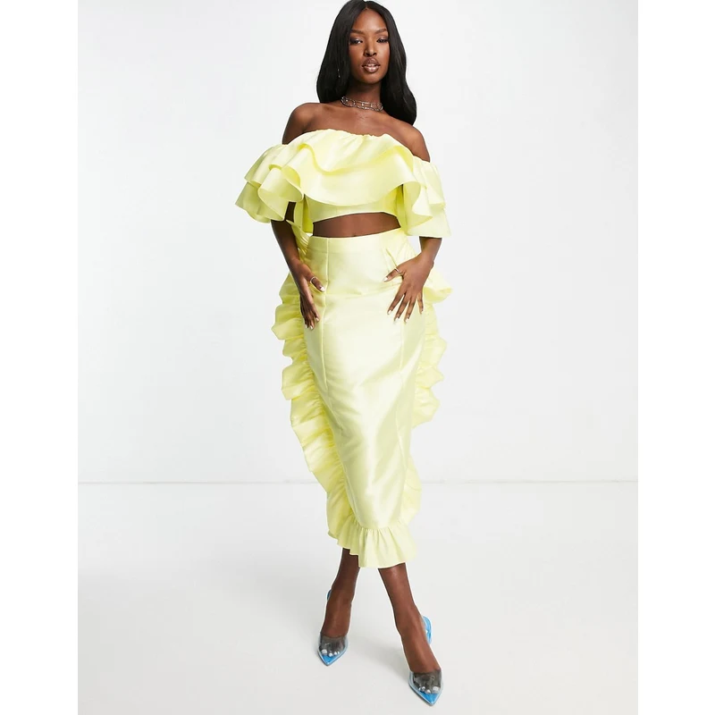 Falda de tubo midi color limón con volantes de satén de ASOS Luxe (parte de conjunto)-Amarillo GLAMI.es