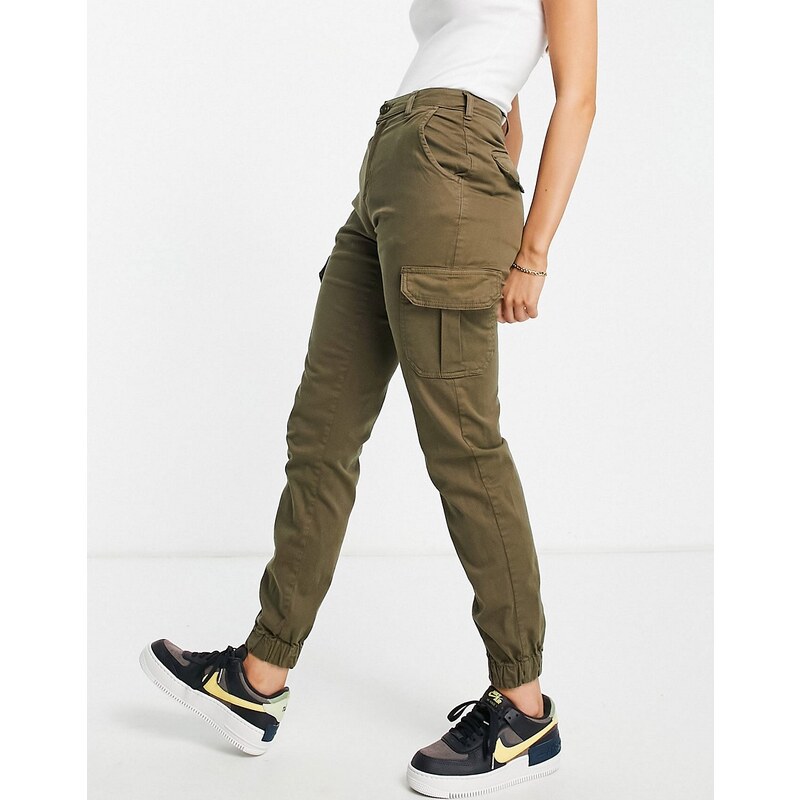 Pantalones Cargo Cortos De Talle Alto En Algodón Caqui para Mujer