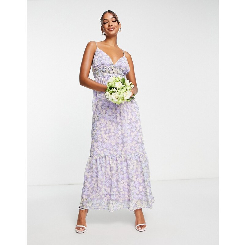 Vestido largo lila de tirantes de corte amplio con estampado floral de satén de Blume Bridal-Multicolor