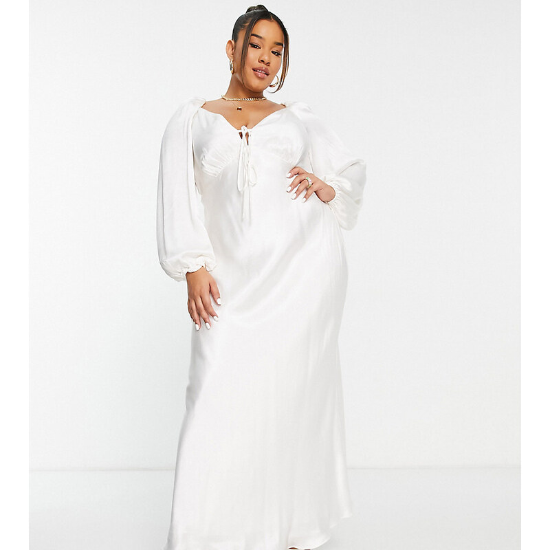 Vestido de novia largo color marfil con aberturas de satén de Forever New Curve-Blanco