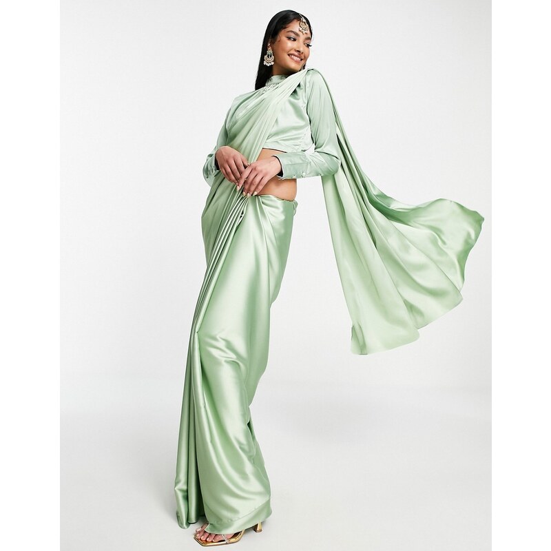 Blusa verde salvia de dama de honor con cuello alto y sari de Kanya London (parte de un conjunto)