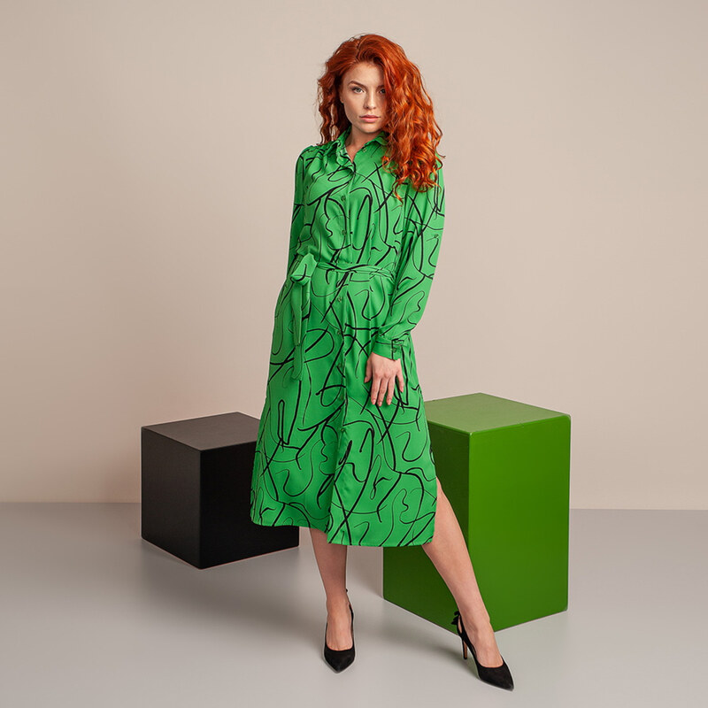 Willsoor Vestido camisero largo en verde con patrón geométrico 13970