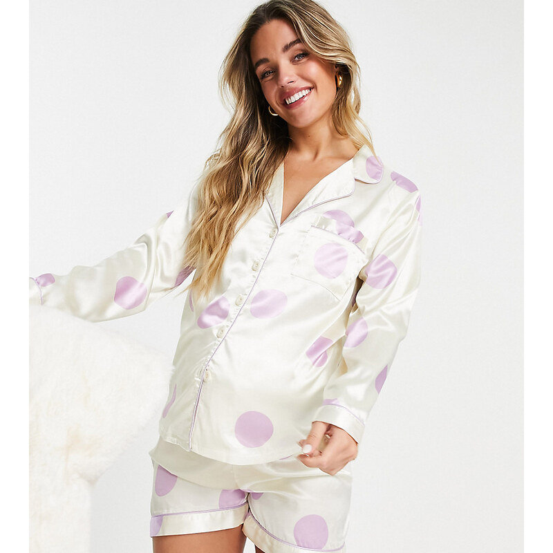 Pijama corto crema con estampado de lunares lilas grandes de satén de Night Maternity-Morado