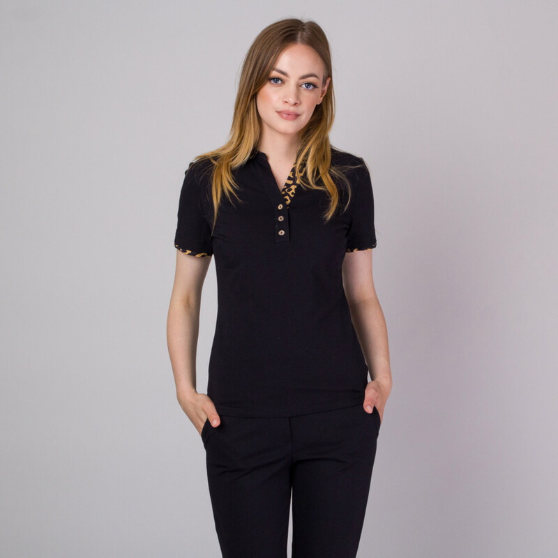 Willsoor Camisa polo color negro para mujer con estampado de leopardo a contraste 14128