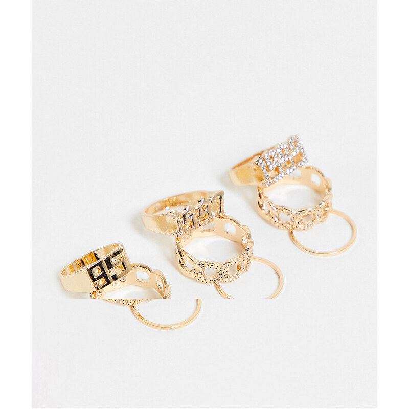 Multipack de 7 anillos dorados con diseño de cadena y ónice de EGO