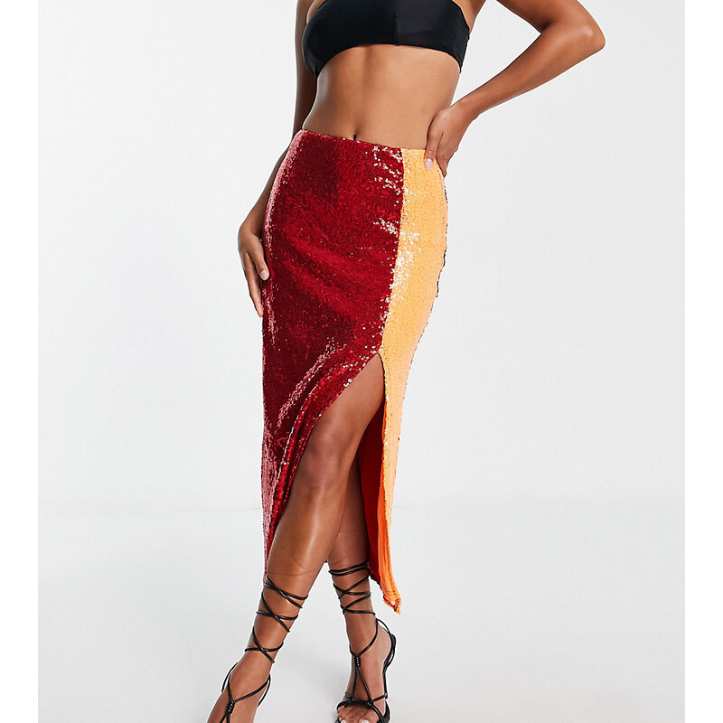 Falda semilarga con diseño color block de lentejuelas exclusiva de Collective The Label Petite (parte de un conjunto)-Rojo