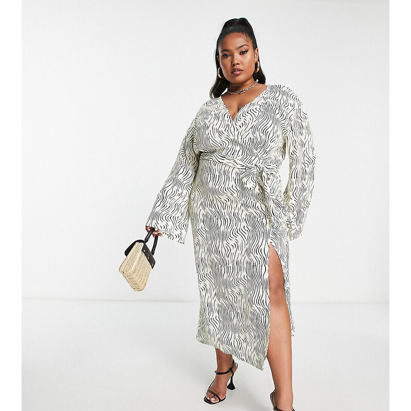 Vestido midi cruzado con estampado ondulado abstracto de Pretty Lavish Curve-Blanco