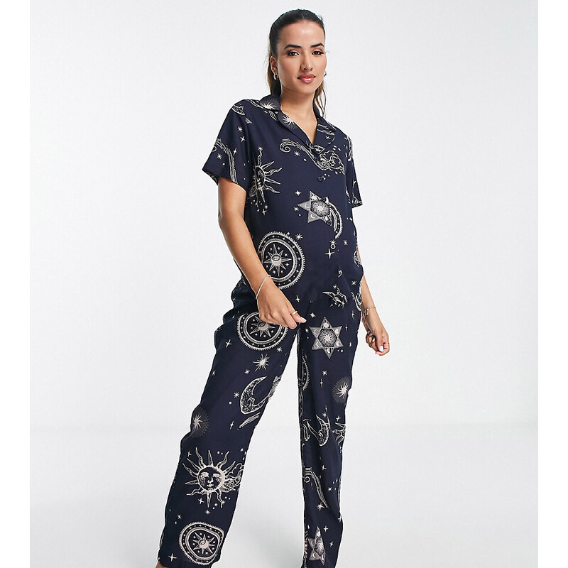 ASOS Maternity Pijama azul marino de camisa y pantalones con diseño de horóscopo de modal de ASOS DESIGN Maternity