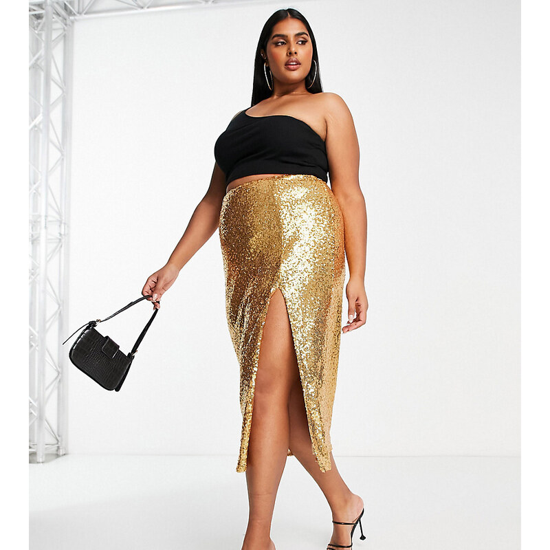 Falda semilarga dorada de lentejuelas exclusiva de Collective The Label Curve-Dorado