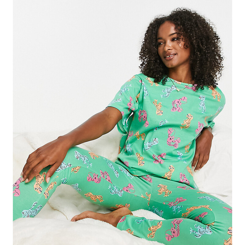 ASOS Tall Pijama verde de camiseta extragrande y leggings con estampado de langostas y dinosaurios de ASOS DESIGN Tall-Morado