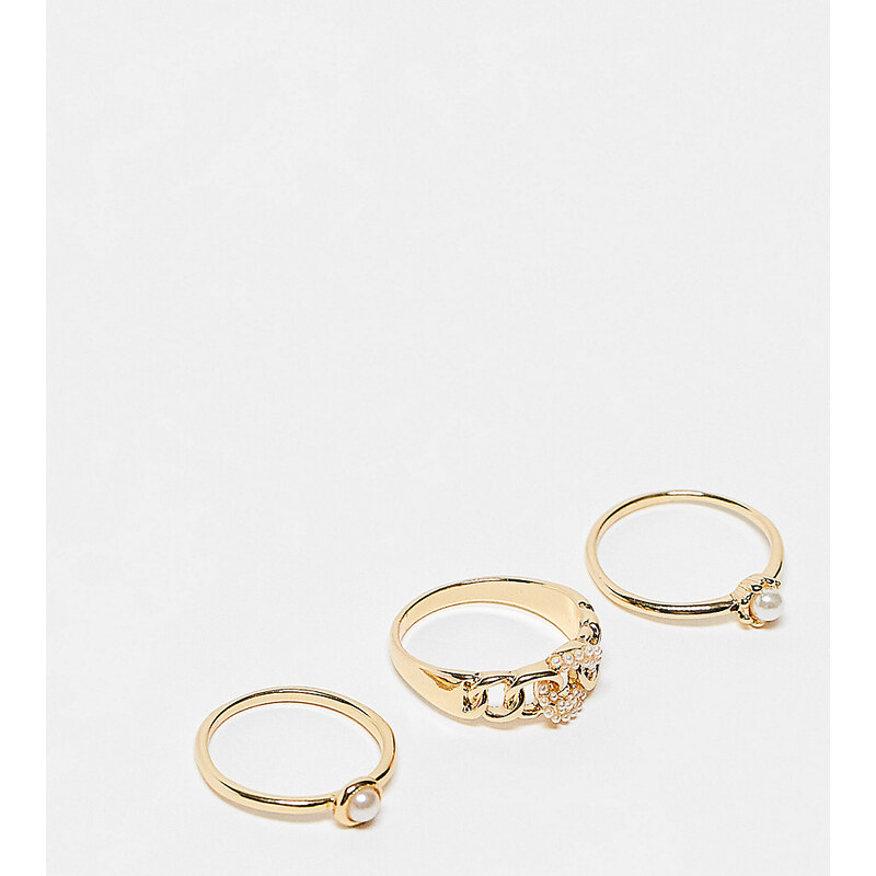 Pack de 3 anillos dorados con perlas de DesignB London Curve