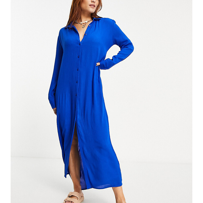 Vestido veraniego playero largo azul cobalto de estilo camisero exclusivo de Esmée