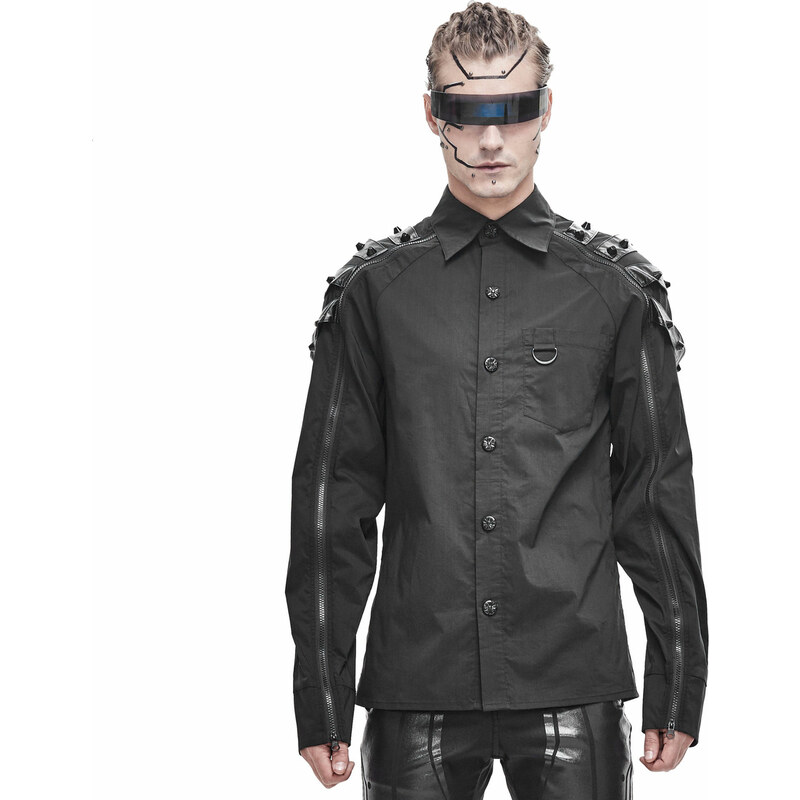 Camisa para hombre DEVIL FASHION - Dystopia Cyberpunk Button-Down Shirt with Faux Leather Loops - SHT047