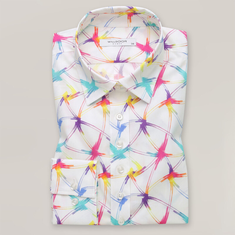Willsoor Camisa para mujer color blanco con colorido estampado geométrico 14411