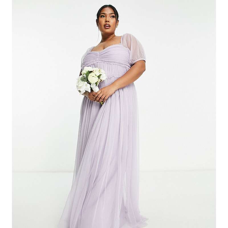 Vestido de dama de honor largo lila con mangas abullonadas de Anaya Plus-Morado