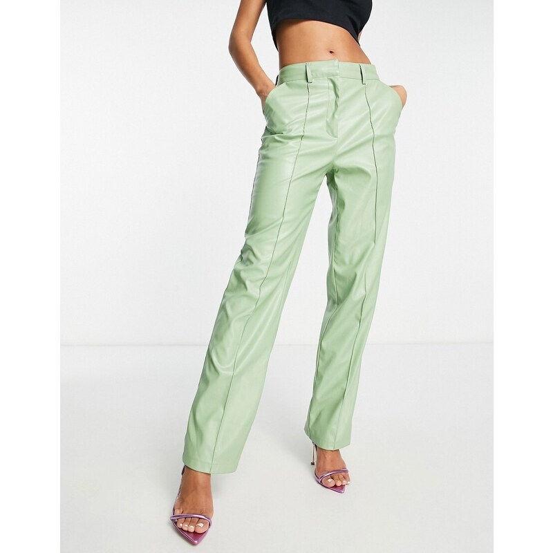 Pantalones verde salvia de pernera recta con detalle de costuras de tejido efecto cuero de Aria Cove (parte de un conjunto)